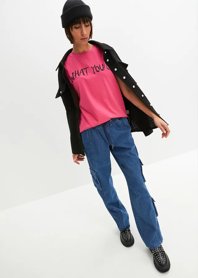 T-shirt oversize 100% coton, Couleur: fuchsia-noir imprimé