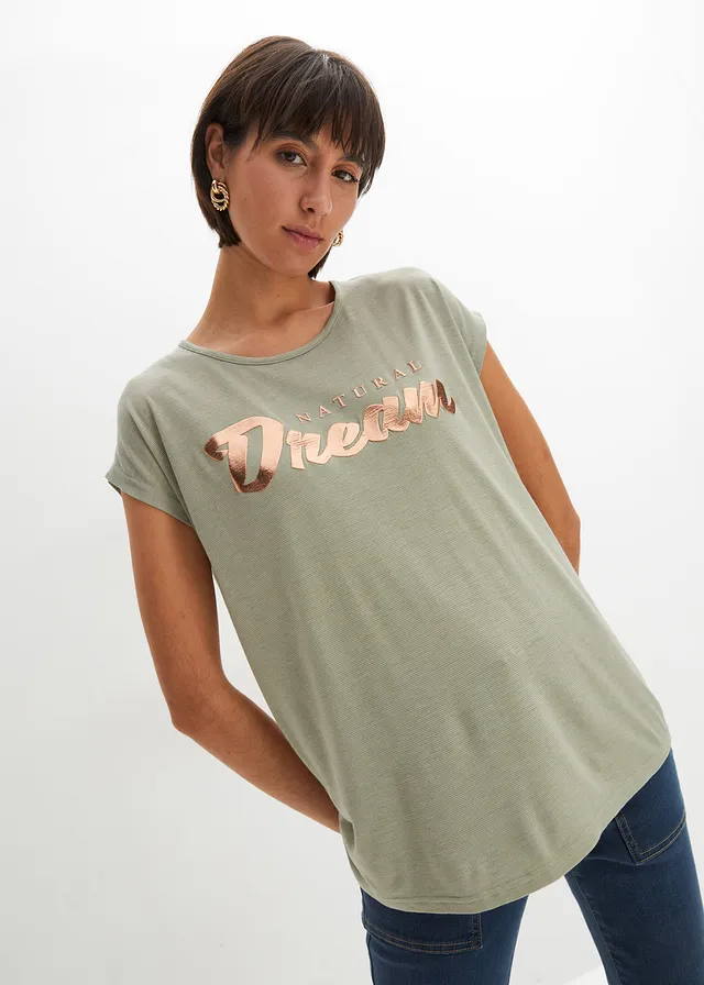 T-shirt long en viscose mélangée, Couleur: gris vert imprimé