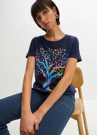 T-shirt met print van biologisch katoen, Kleur: donkerblauw met print