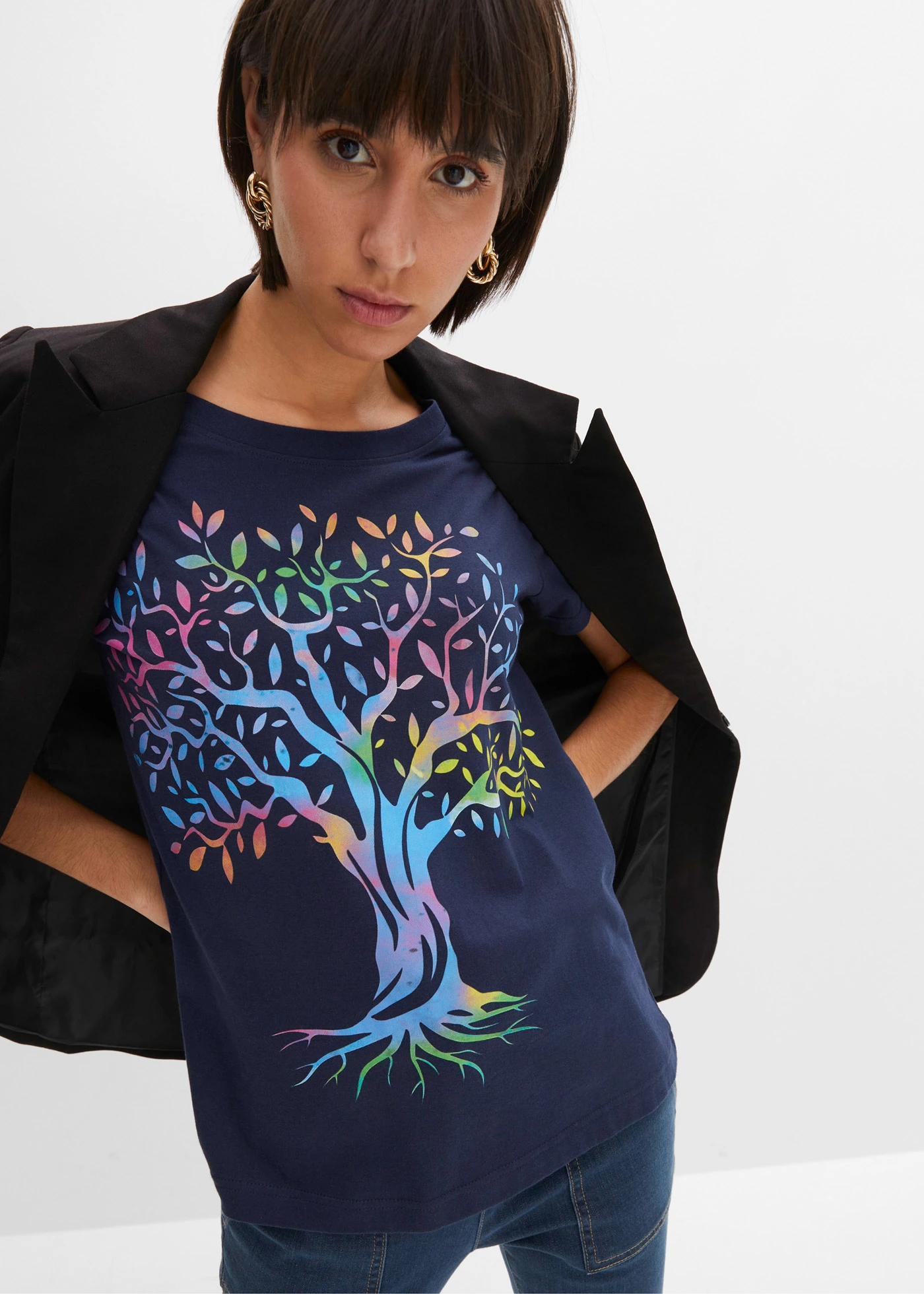 T-shirt z nadrukiem z bawełny organicznej • granatowy z nadrukiem • sklep bonprix