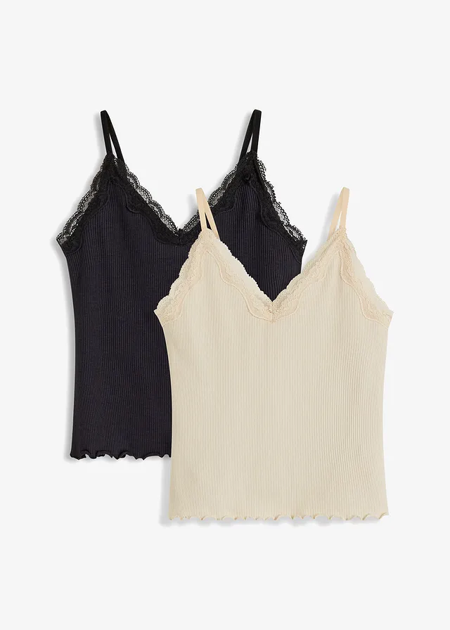 Geribde top van een zachte viscosemix (set van 2), Kleur: kiezelgrijs-zwart