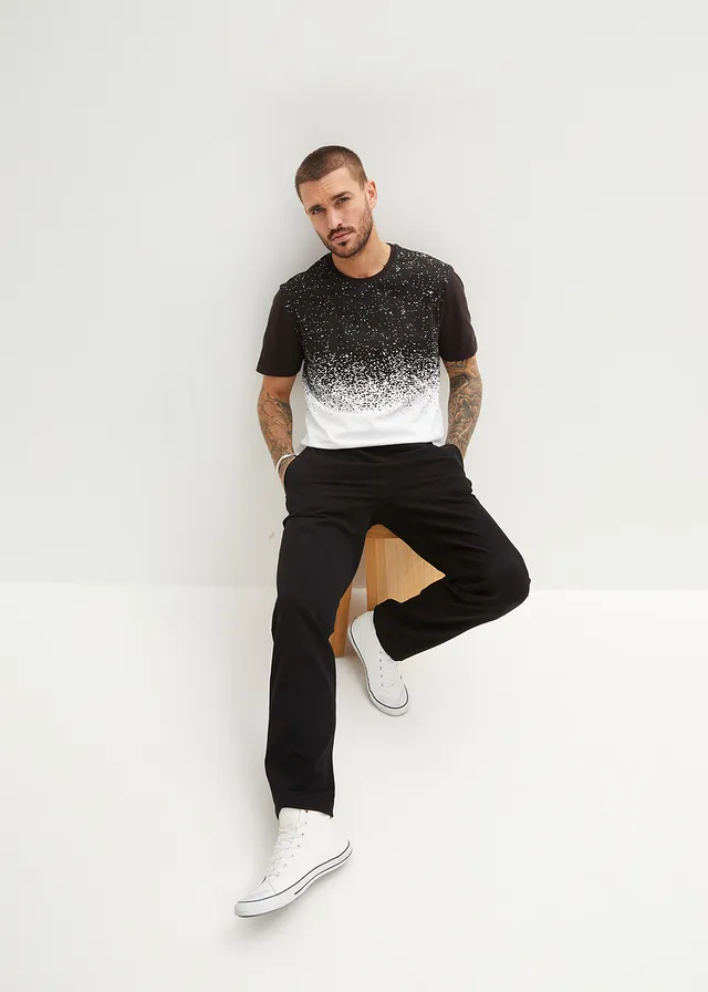 Chino extensible à taille élastiquée, droit et ample, Couleur: noir