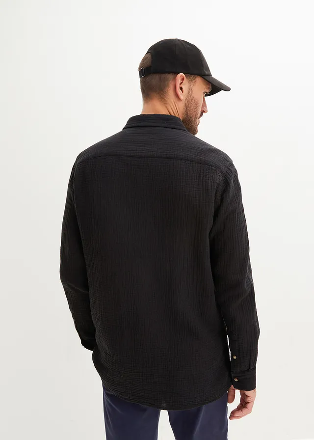 Chemise manches longues en gaze 100% coton, Couleur: noir