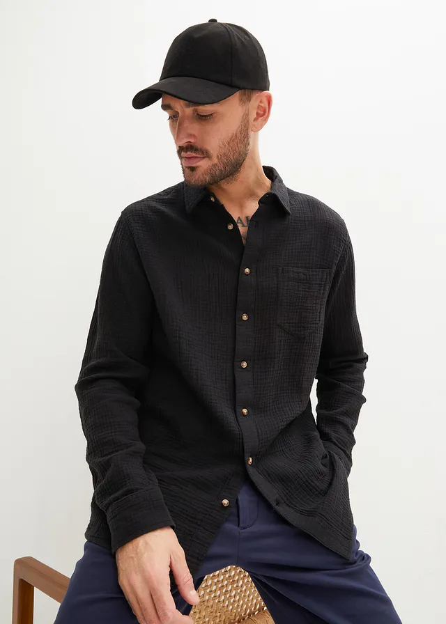 Mousseline overhemd met lange mouwen, Kleur: zwart