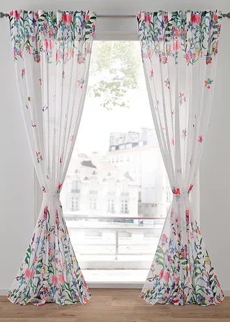 Lot de 2 voilages imprimé floral incl. embrasse • blanc/multicolore • Boutique bonprix