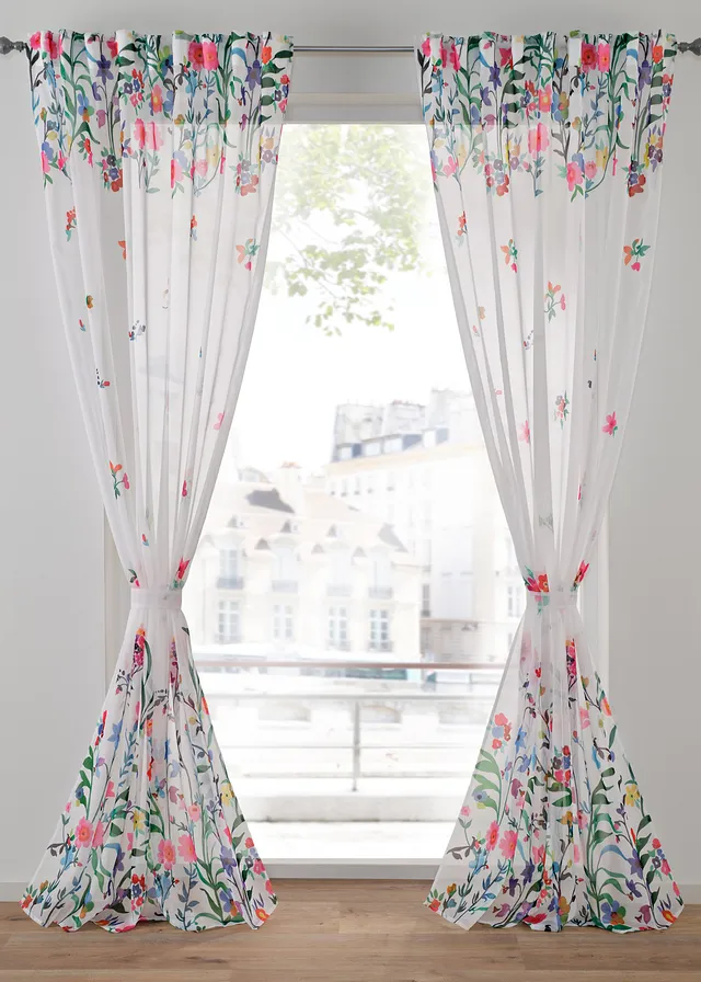 Lot de 2 voilages imprimé floral incl. embrasse • blanc/multicolore • Boutique bonprix