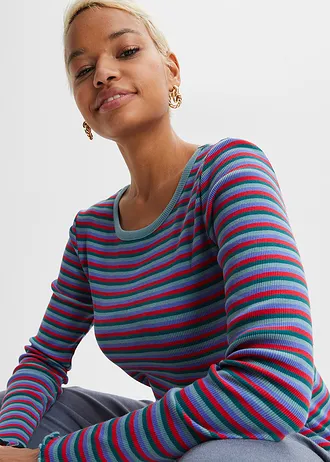 Geribd shirt met strepen van biologisch katoen • petrol-mineraalblauw-paarsblauw-tomatenrood gestreept • bonprix online shop