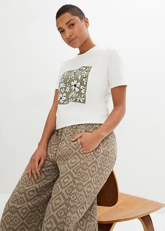 Pantaloni bufanți 100% din bumbac • oliv deschis/bej-piatră cu imprimeu grafic • magazin bonprix