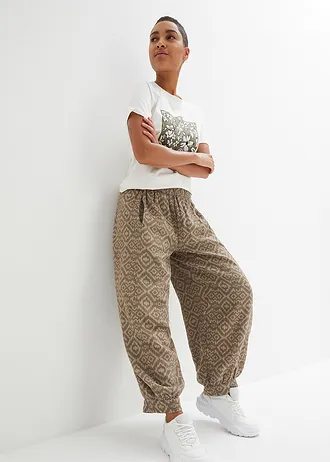 Pantaloni bufanți 100% din bumbac • oliv deschis/bej-piatră cu imprimeu grafic • magazin bonprix