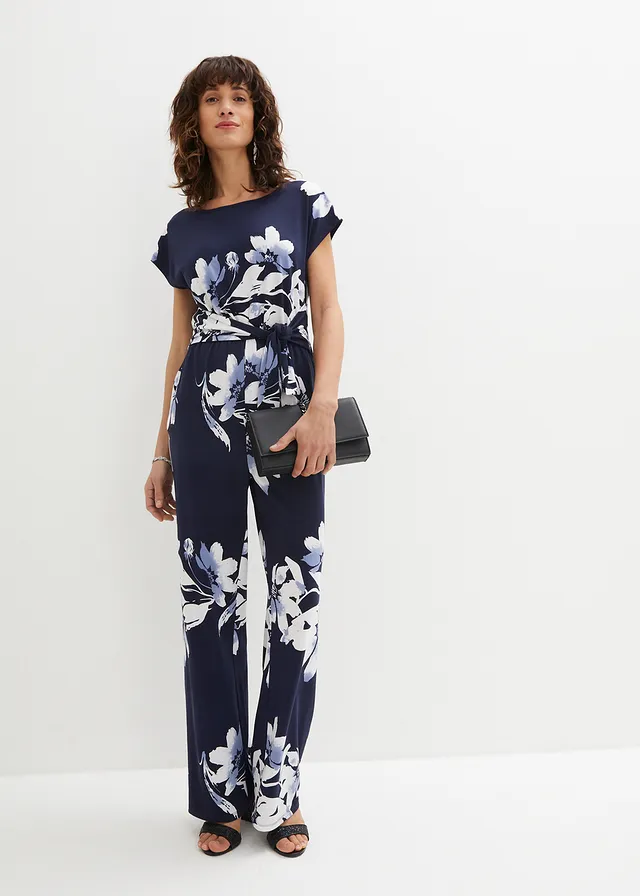 Jumpsuit met strikceintuur, Kleur: donkerblauw/wit gebloemd