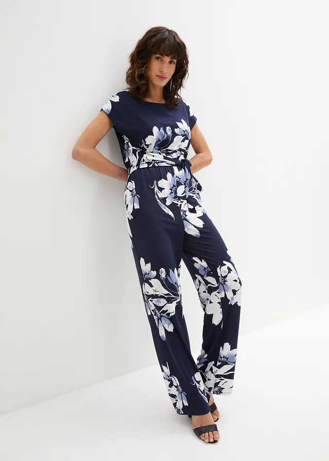 Jumpsuit met strikceintuur, Kleur: donkerblauw/wit gebloemd