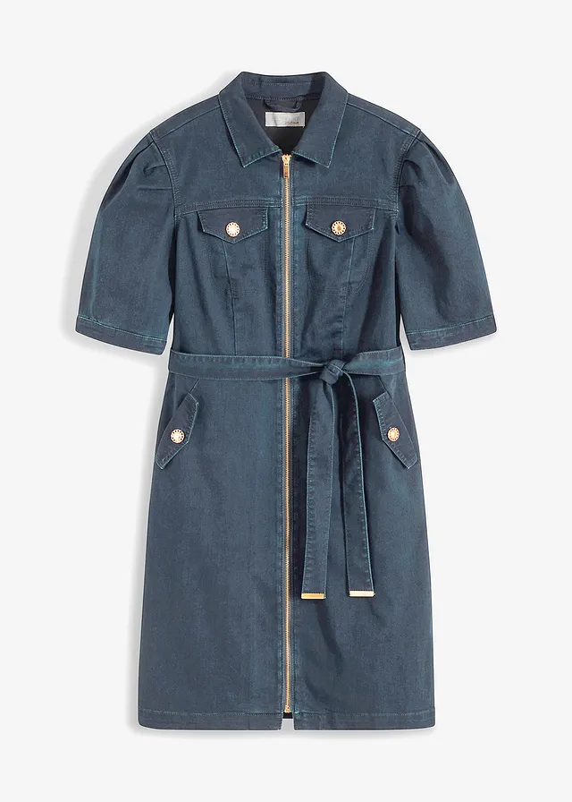 Robe en jean avec fermeture zippée, Couleur: bleu foncé denim