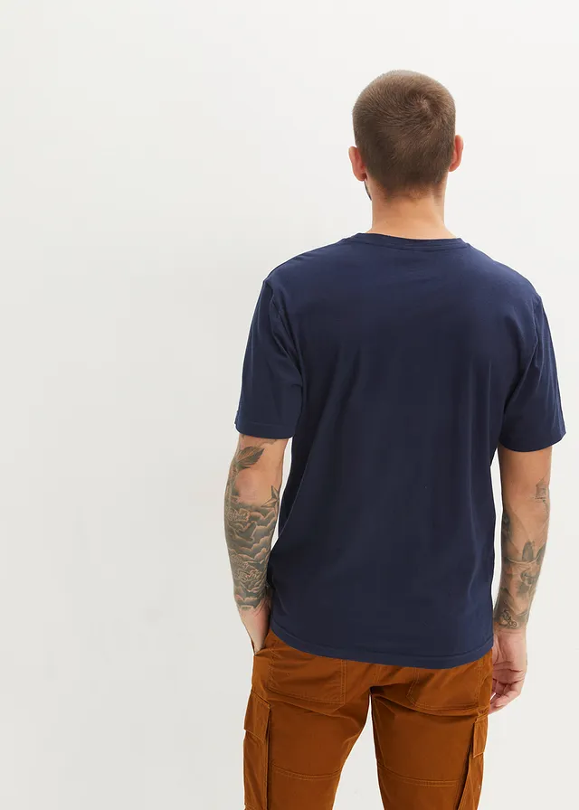 Lot de 2 T-shirts 100% coton, Couleur: bleu foncé + rouge vermillon imprimé