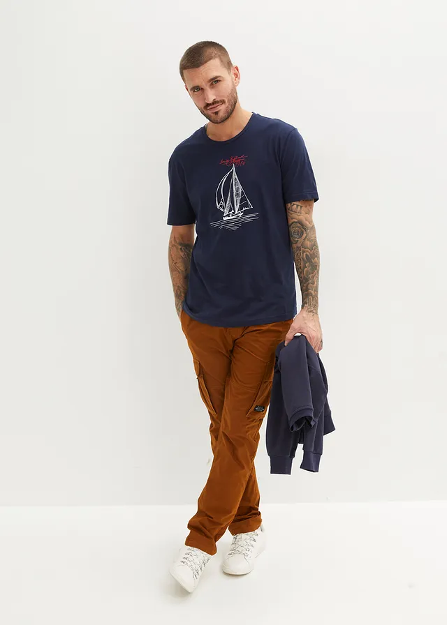 Lot de 2 T-shirts 100% coton, Couleur: bleu foncé + rouge vermillon imprimé