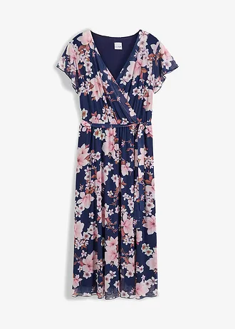 Robe midi imprimée en mesh, Couleur: bleu foncé à fleurs
