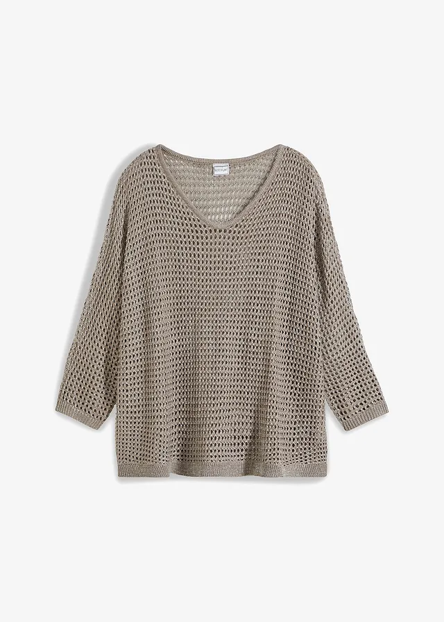 Ajour trui in een viscosemix, Kleur: taupe