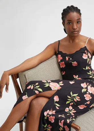 Nuisette longue avec dentelle • noir floral • Boutique bonprix