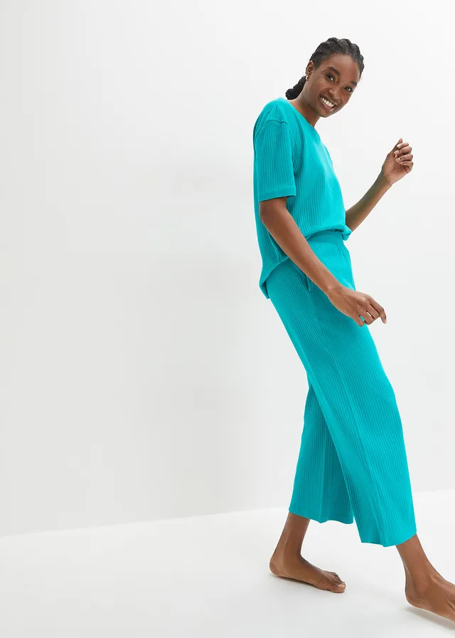 Geribde pyjama met culotte (2-dlg. set), Kleur: smaragd