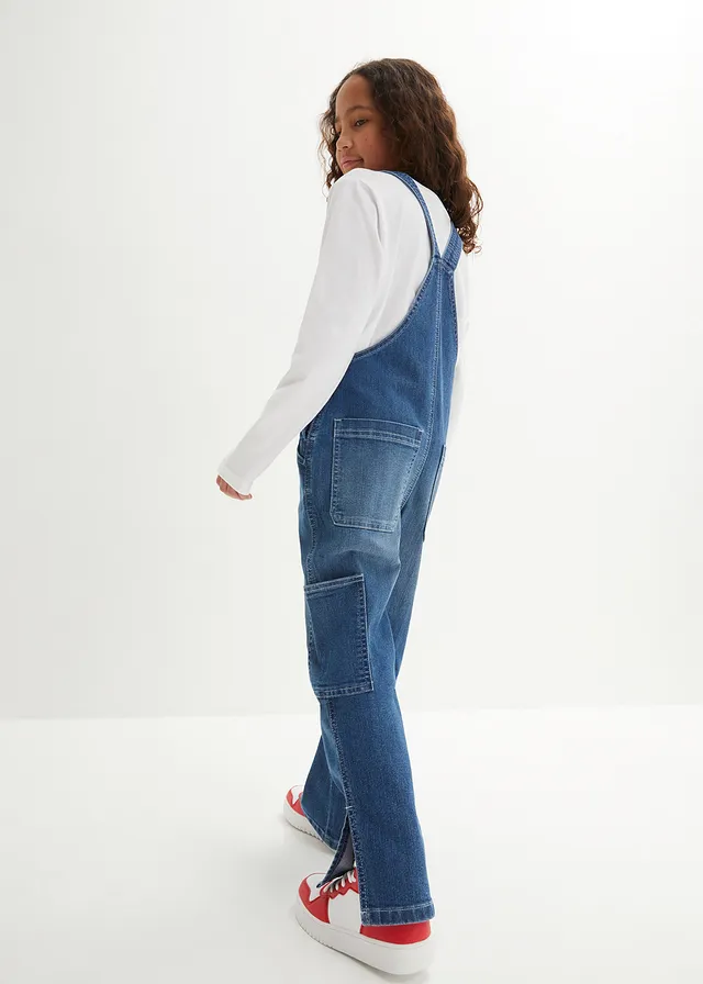 Meisjes denim tuinbroek, mid waist, Kleur: blauw denim