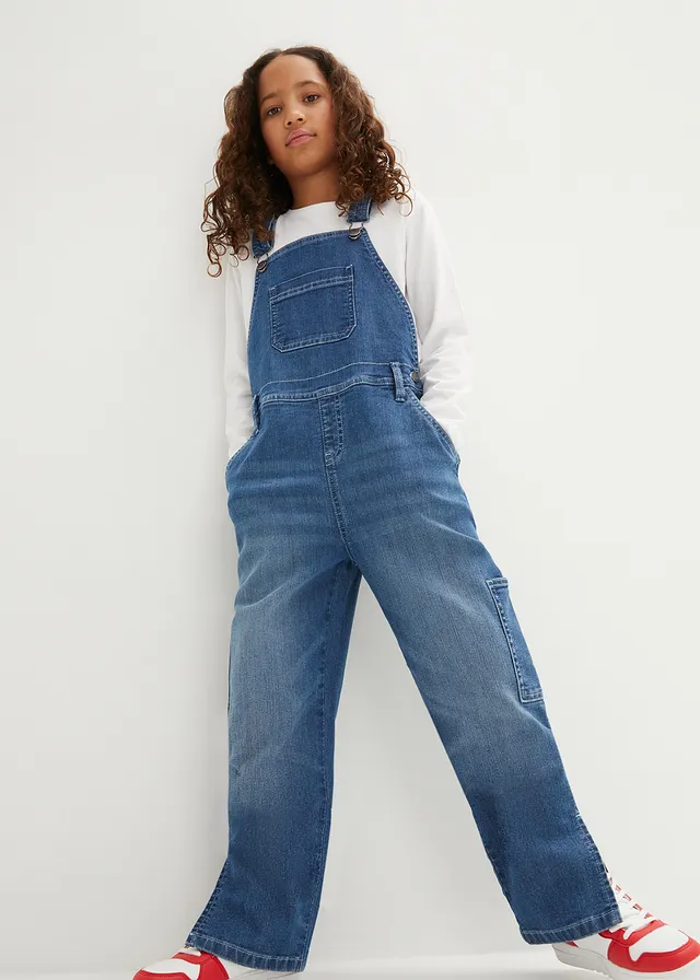 Meisjes denim tuinbroek, mid waist, Kleur: blauw denim