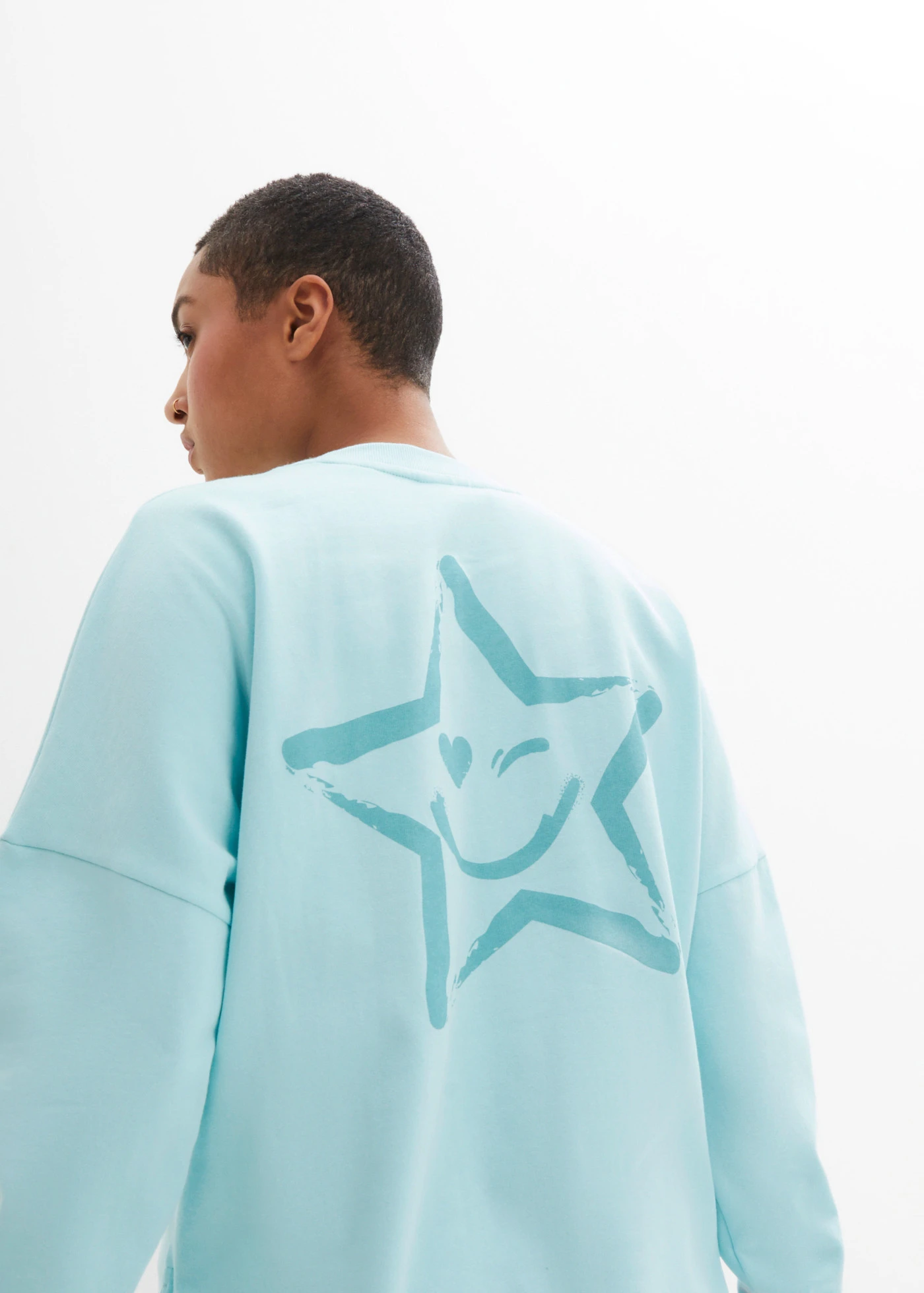 Oversized sweater van puur katoen met kleurrijke boordjes aan de mouwen • polar mintgroen met print • bonprix online shop