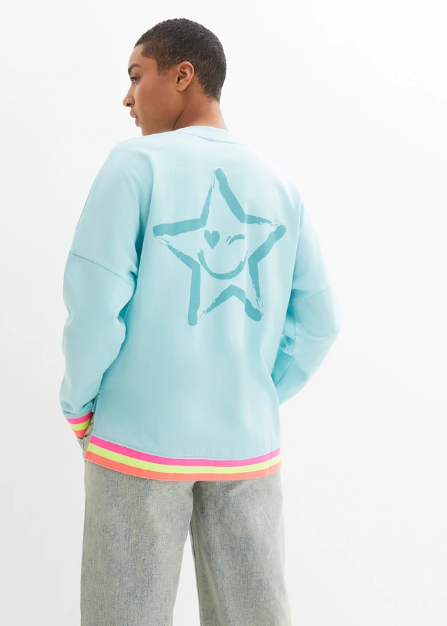 Oversized sweater van puur katoen met kleurrijke boordjes aan de mouwen, Kleur: polar mintgroen met print