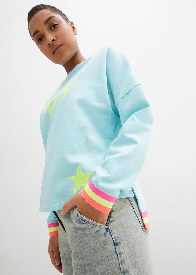 Oversized sweater van puur katoen met kleurrijke boordjes aan de mouwen • polar mintgroen met print • product-page.page-title-suffix