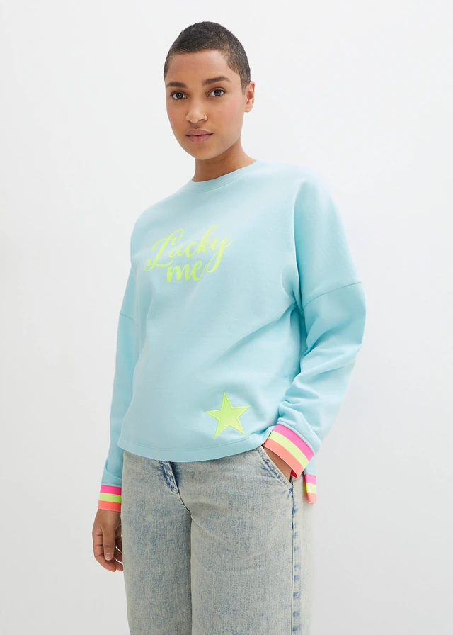Oversized sweater van puur katoen met kleurrijke boordjes aan de mouwen, Kleur: polar mintgroen met print