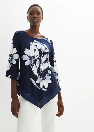 Shirt tuniek met bloemenprint, Kleur: donkerblauw/wit gebloemd