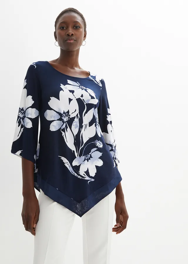 T-shirt tunique à motif floral, Couleur: bleu foncé/blanc à fleurs