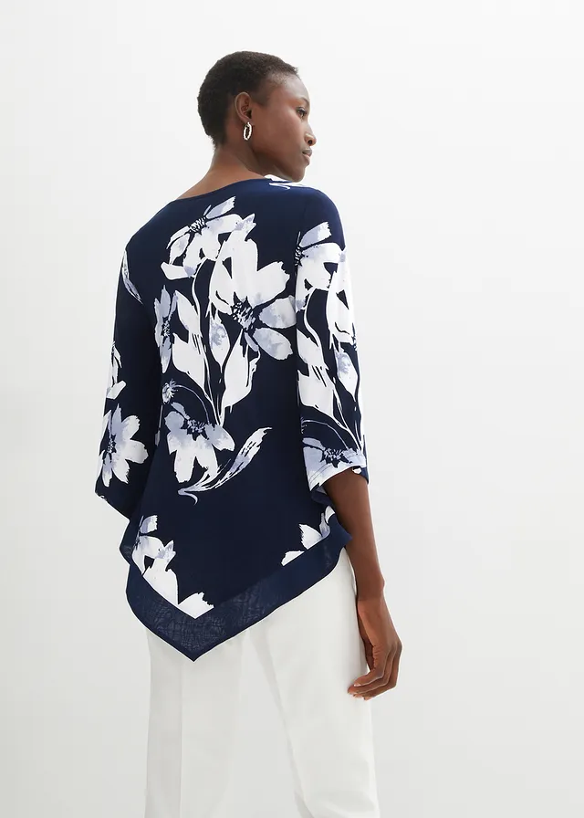 T-shirt tunique à motif floral, Couleur: bleu foncé/blanc à fleurs