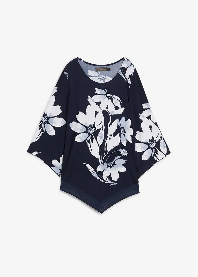 T-shirt tunique à motif floral, Couleur: bleu foncé/blanc à fleurs