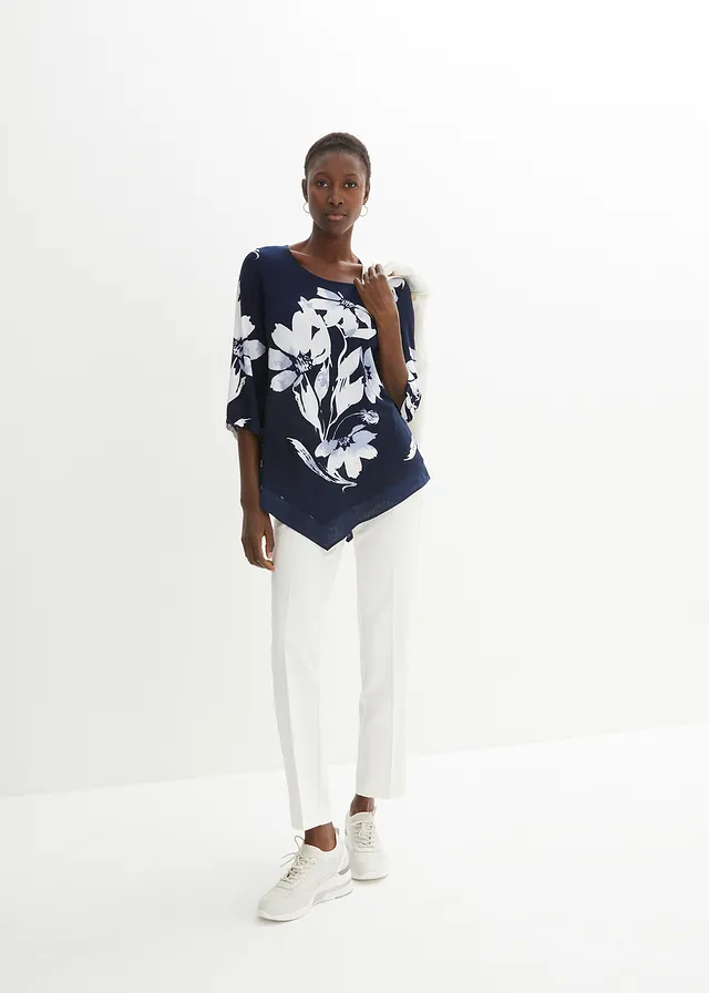 Shirt tuniek met bloemenprint, Kleur: donkerblauw/wit gebloemd