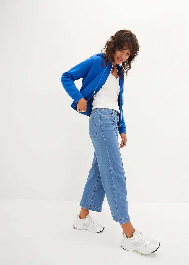 Jean large raccourci, taille mi-haute, Couleur: bleu clair denim