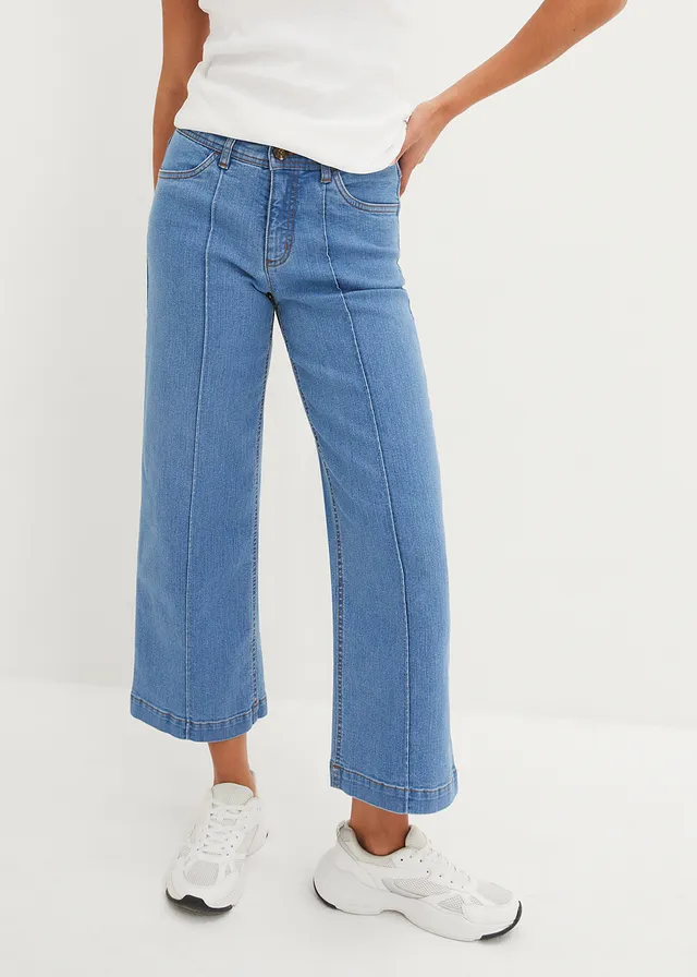Jean large raccourci, taille mi-haute, Couleur: bleu clair denim