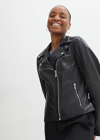 Veste biker en cuir nappa d’agneau, Couleur: noir