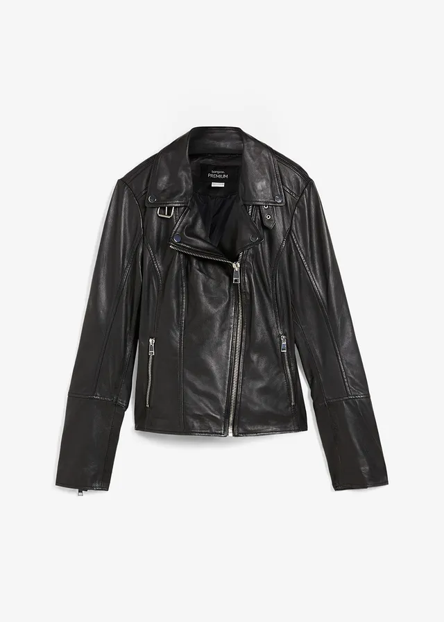 Veste biker en cuir nappa d’agneau, Couleur: noir