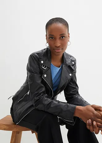 Veste biker en cuir nappa d’agneau • noir • Boutique bonprix