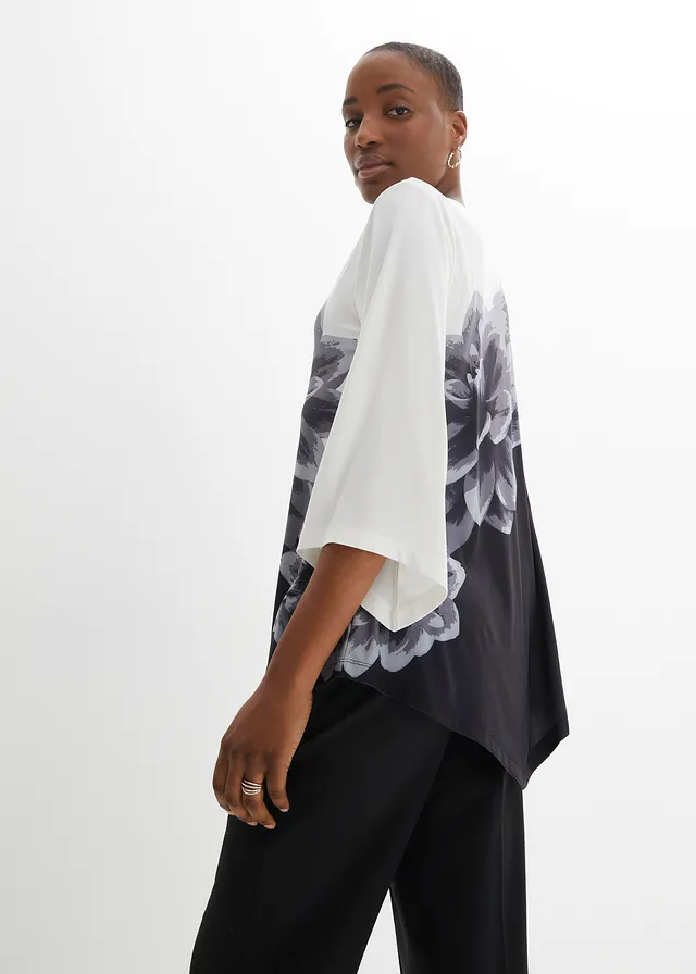 Shirt tuniek met print, Kleur: zwart-wit gebloemd