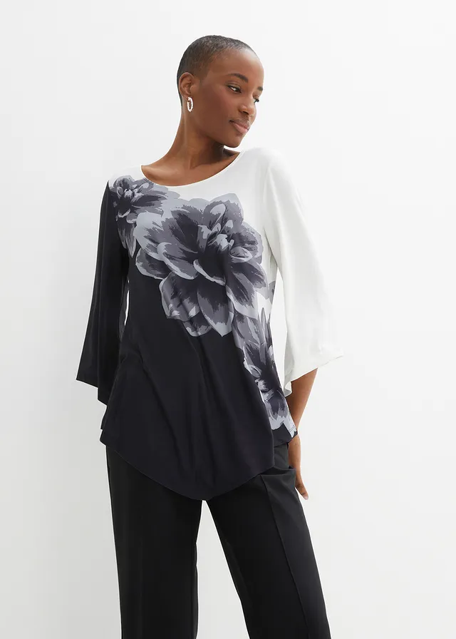 Shirt tuniek met print, Kleur: zwart-wit gebloemd