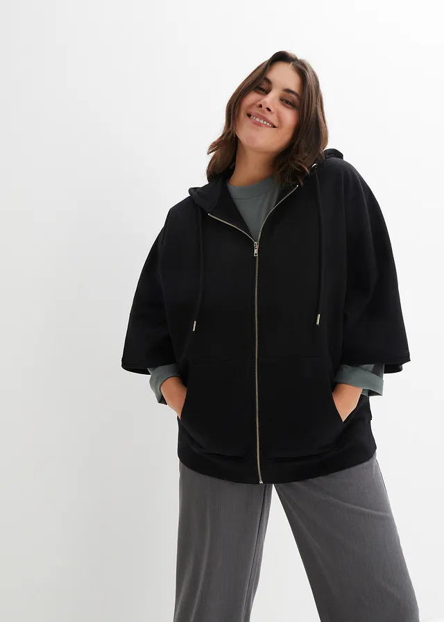 Sweat zippé cape, Couleur: noir