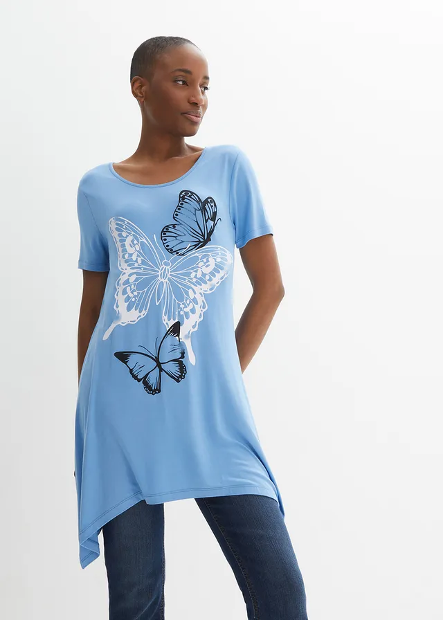 Longshirt met puntige zoom en vlinders, Kleur: middenblauw/wit/donkerblauw met print