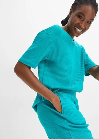 Costum de casă din material ripsat, cu pantaloni culotte • verde-smarald • magazin bonprix