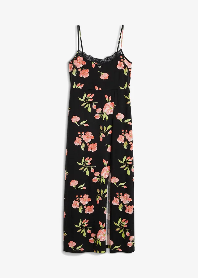 Nuisette longue avec dentelle, Couleur: noir floral