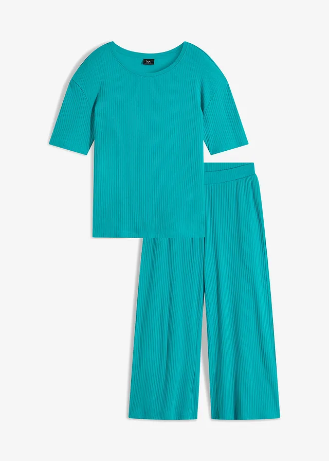 Costum de casă din material ripsat, cu pantaloni culotte