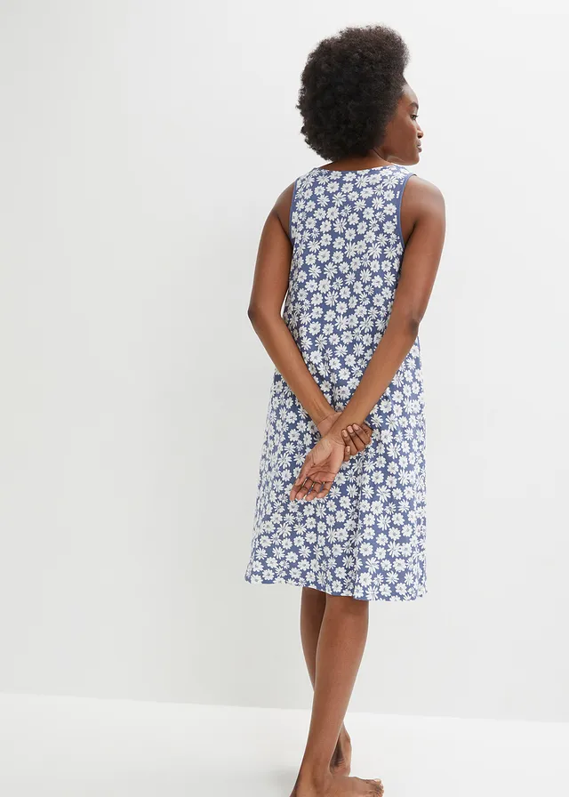 Nachtjapon met viscose, Kleur: jeansblauw-wolwit
