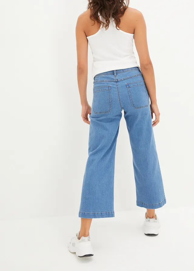 Jean large raccourci, taille mi-haute, Couleur: bleu clair denim