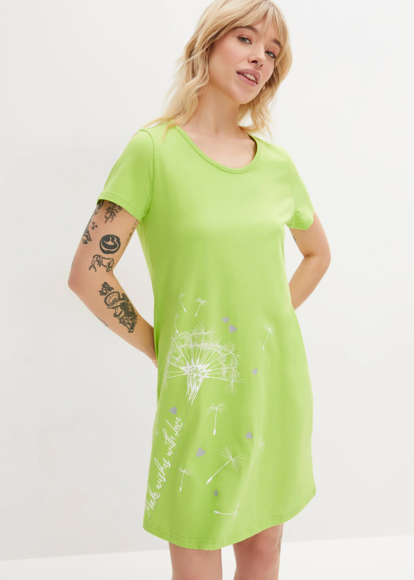 Cămașă de noapte din bumbac organic • verde-lime cu imprimeu • magazin bonprix