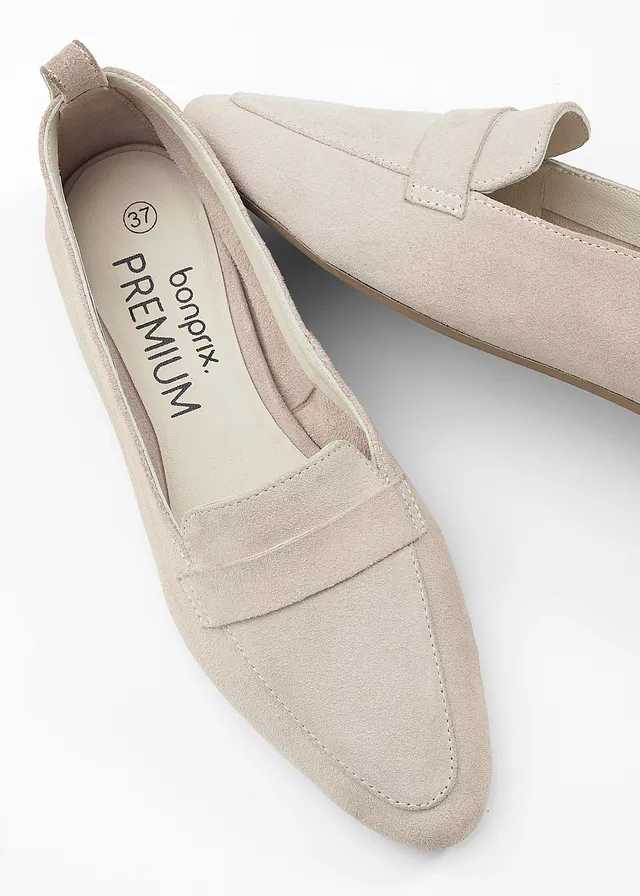 Loafersy ze skóry welurowej • jasny piaskowy • sklep bonprix