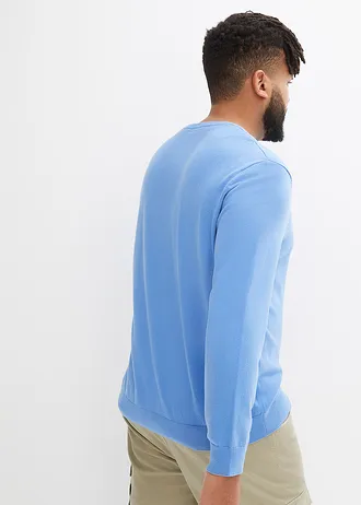 Fijngebreide trui met V-hals in een zachte katoenmix, Kleur: middenblauw